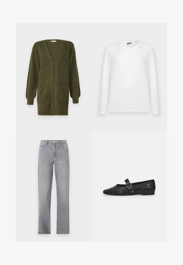 JDY JDYINGEBORG - Cardigan - dark green; Lys grå baggrund med en liggende hvid langærmet t-shirt med rund hals og synlige mærker ved kraven.; Grå lige jeans med frontlommer, en knaplukning og en klassisk pasform præsenteret på en ensfarvet hvid baggrund.; Sorte læder flade sko med rund tå, et enkelt justerbart spænde og en glat, blank overflade. Minimalistisk design med en lav hæl.