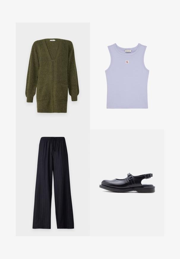JDY JDYINGEBORG - Cardigan - dark green; Ærmeløs ribbet lilla crop top med rund halsudskæring og lille rød og hvid Calvin Klein logo-patch på brystet.; Sorte stribede bukser med vide ben, elastisk talje og snor. Fremstillet af et glat stof uden synlige lukninger eller lommer.; Sort læder Mary Jane-stil sko med to justerbare spænde-remme og en tyk, rillet gummisål.
