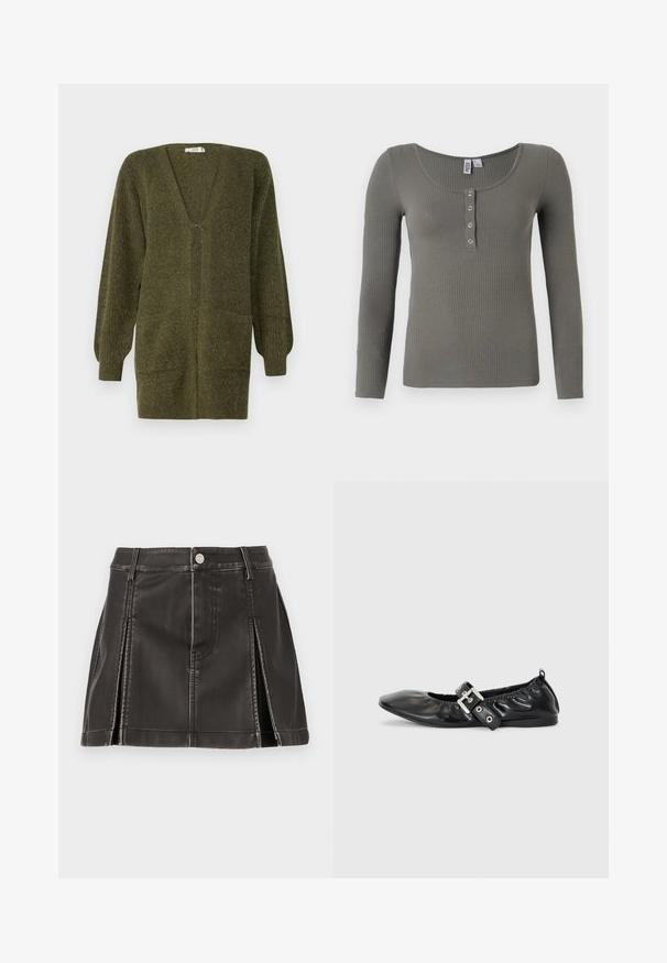 JDY JDYINGEBORG - Strickjacke - dark green; Olivgrünes, geripptes Langarmshirt mit Rundhalsausschnitt und vier silbernen Druckknöpfen auf der vorderen Blende.; Schwarzer Kunstlederrock mit hoher Taille, verziert mit genähten Details und seitlichen Falten. Metallknopfverschluss auf der Vorderseite.; Schwarze Leder-Ballerinas mit spitzem Zehenbereich, gerafften Details am Schaft und einem silbernen Schnallenakzent am verstellbaren Riemen.