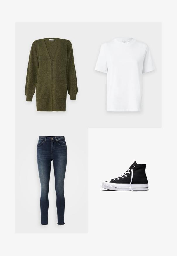 JDY JDYINGEBORG - Strickjacke - dark green; Weißes Baumwoll-T-Shirt mit Rundhalsausschnitt, kurzärmlig und mit glatter Textur. Entworfen mit einer lockeren Passform für Komfort und Vielseitigkeit.; Dunkelblaue Skinny Jeans mit vorderem Knopf- und Reißverschluss, Fünf-Taschen-Design und leichten Ausbleichungen an Oberschenkeln und Knien, ausgefranste Säume an den Knöcheln.; Schwarzer High-Top-Canvas-Sneaker mit weißer Gummisohle und weißen Schnürsenkeln, seitlich dargestellt vor weißem Hintergrund.