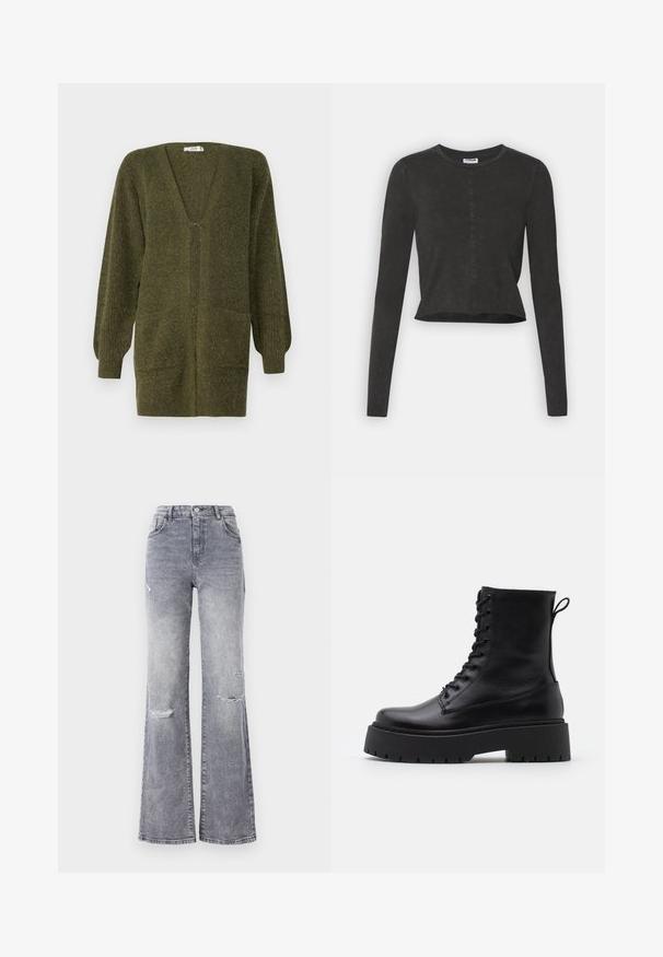 JDY JDYINGEBORG - Cardigan - dark green; Sort cropped langærmet top med rund halsudskæring, der har en subtil slidt tekstur og en lige kant. Ingen synlig hardware.; Højtaljede grå denim jeans med flagrende ben, der har slidte knædetaljer, et klassisk fem-lomme design og tonet syninger.; Sorte læder ankelstøvler med rund tå, snørebånd foran og en tyk gummisål med struktureret slidbane. Hæfteløkke bagpå.