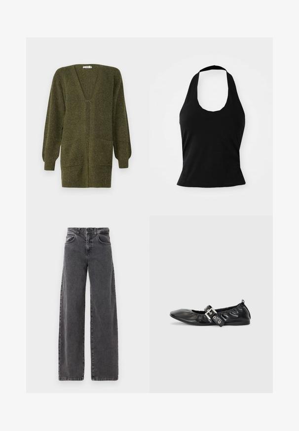 JDY JDYINGEBORG - Vest - dark green; Zwarte haltertop gemaakt van zacht materiaal, met een ronde hals en een getailleerde pasvorm, voorzien van een gladde textuur en zonder zichtbare patronen.; Wijd-uitlopende jeans van zwarte denim met een hoge taille, vijf zakken en een subtiele vervaagde textuur. Verstevigde stiksels bij de naden.; Zwarte leren platte schoen met een spitse neus, geplooide details rond de opening en een zilveren gespaccentueerde verstelbare band.