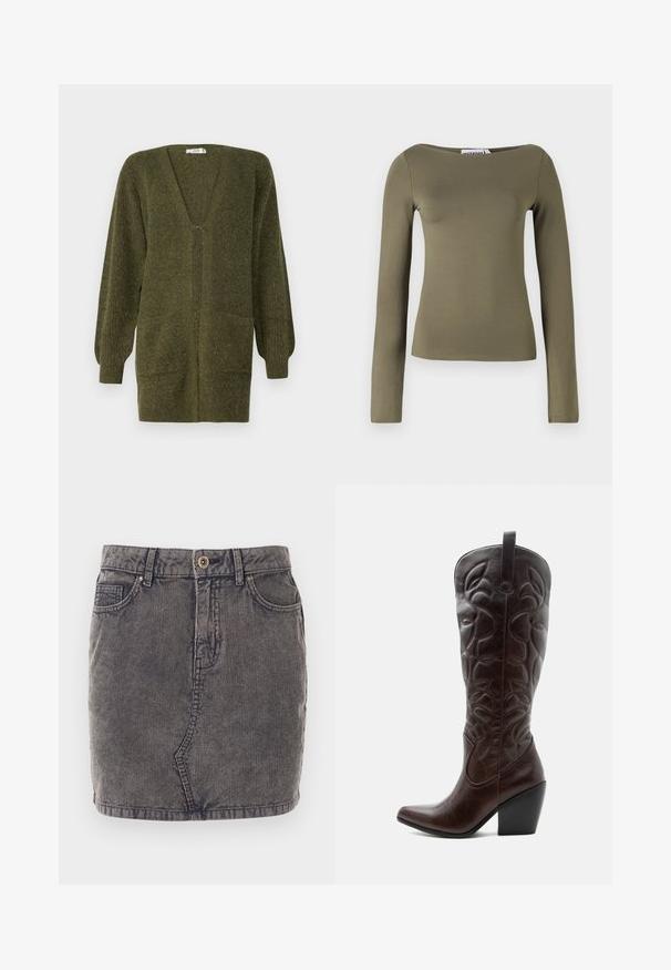 JDY JDYINGEBORG - Strickjacke - dark green; Olivegrünes Langarmoberteil in schmaler Passform, aus einem glatten, elastischen Stoff mit weitem Ausschnitt und minimalen Nähten.; Grauer Denimrock mit vertikaler Rippstruktur, ausgestattet mit einer vorderen Knopfleiste, zwei seitlichen Taschen und einem geraden Saum.; Hoher dunkelbrauner Leder-Cowboystiefel mit gestickten dekorativen Mustern, spitzer Spitze und gestapeltem Blockabsatz.