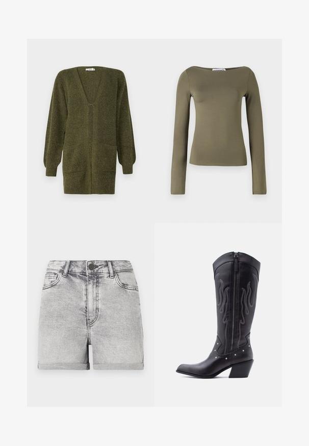 JDY JDYINGEBORG - Strickjacke - dark green; Olivegrünes Langarmoberteil in schmaler Passform, aus einem glatten, elastischen Stoff mit weitem Ausschnitt und minimalen Nähten.; Graue Denim-Shorts mit umgeschlagenen Säumen, Fünf-Taschen-Design und mittiger Knopfverschluss. Glatte Textur mit dezenten Verblassungen.; Schwarze Cowboy-Stiefel aus Leder mit spitzer Zehenpartie, sichtbarer Nahtführung, silbernen Nietenakzenten und Reißverschluss auf der Innenseite.