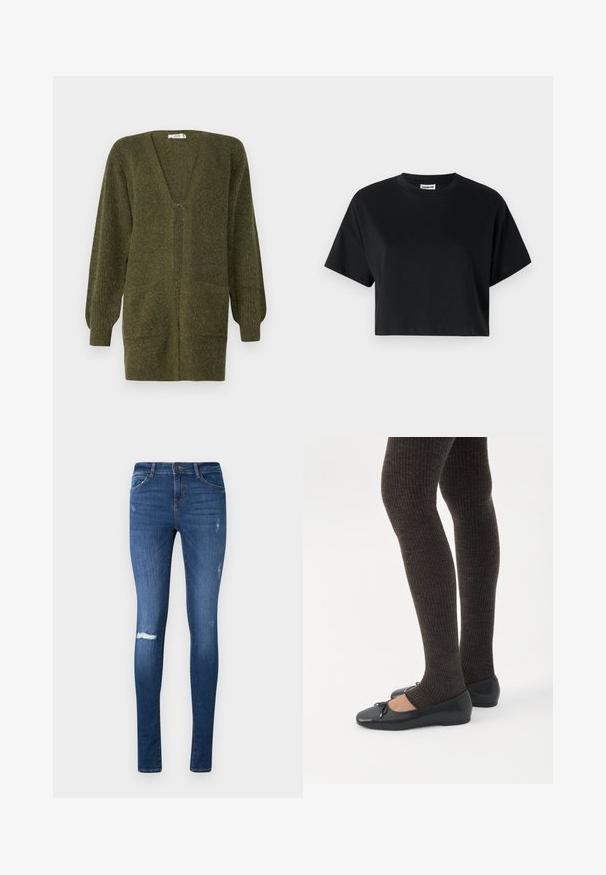 JDY JDYINGEBORG - Chaqueta de punto - dark green; Camiseta corta negra con mangas cortas, cuello redondo, fabricada en suave tela de algodón, con un diseño minimalista y detalles de costura sutiles.; Jeans ajustados, de color azul oscuro con un lavado descolorido, rodilla desgastada y diseño de cinco bolsillos. Fabricados con denim con un ligero estiramiento.; Piernas con leggings oscuros acanalados combinados con bailarinas negras que presentan pequeños detalles de lazo sobre un fondo blanco.