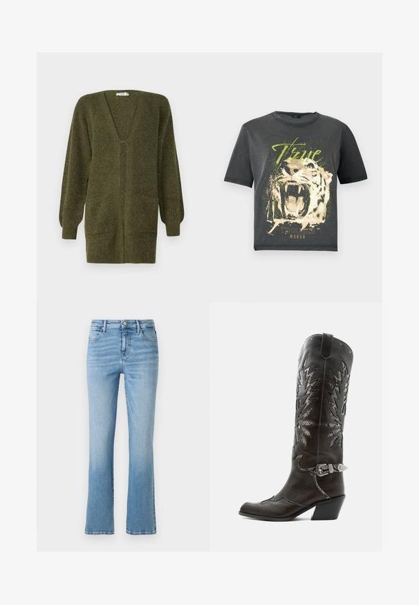 JDY JDYINGEBORG - Cardigan - dark green; JDY JDYFAROCK ELINA - T-shirts print - black; Replay ZOLIE PANTS HYPERFLEX ORIGINAL - Jeans Straight Leg - light blue; Sort læder cowboystøvle med dekorative udskæringer, sølvspænde og skrå hæl, vist på hvid baggrund.