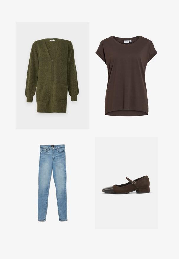 JDY JDYINGEBORG - Chaqueta de punto - dark green; Camiseta marrón de manga corta y corte holgado con cuello redondo y sutiles puños enrollados, hecha de tela suave.; Jeans ajustados de color azul claro desvanecido con botón frontal y diseño de cinco bolsillos, dispuestos planos sobre un fondo blanco.; Zapato Mary Jane de ante marrón con una puntera de charol negro, correa ajustable y un tacón bajo. Textura suave con acentos mínimos.