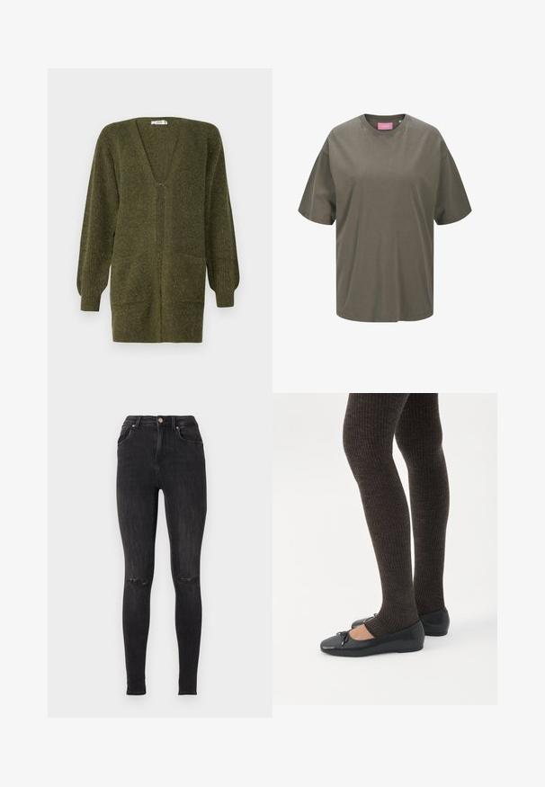 JDY JDYINGEBORG - Gilet - dark green; T-shirt oversized vert olive en coton doux, avec un col rond classique et des manches courtes, doté d'une étiquette rose à l'intérieur.; Jean skinny noir en denim, avec une taille haute, des détails déchirés aux genoux et un design classique à cinq poches.; Jambes portant des leggings côtelés foncés associés à des ballerines noires avec de petits détails en nœud sur fond blanc.