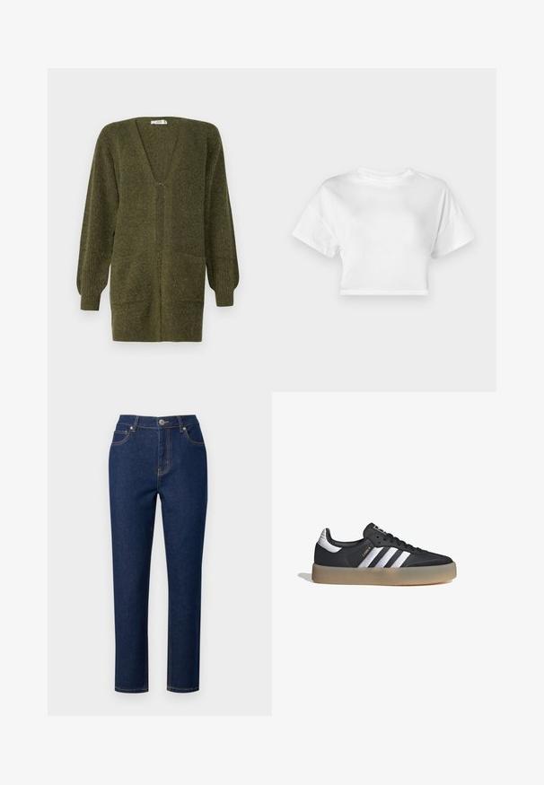 JDY JDYINGEBORG - Chaqueta de punto - dark green; Camiseta corta blanca de algodón. Mangas cortas, escote redondo, textura suave, diseño casual sin patrones ni adornos.; Jeans de denim azul oscuro con un corte recto, que presentan una cremallera, cierre de botón y costuras decorativas en los bolsillos y costuras.; Zapatilla deportiva de cuero negro con tres rayas plateadas, punta texturizada y suela de goma. Cuenta con un collar acolchado y un diseño con cordones.
