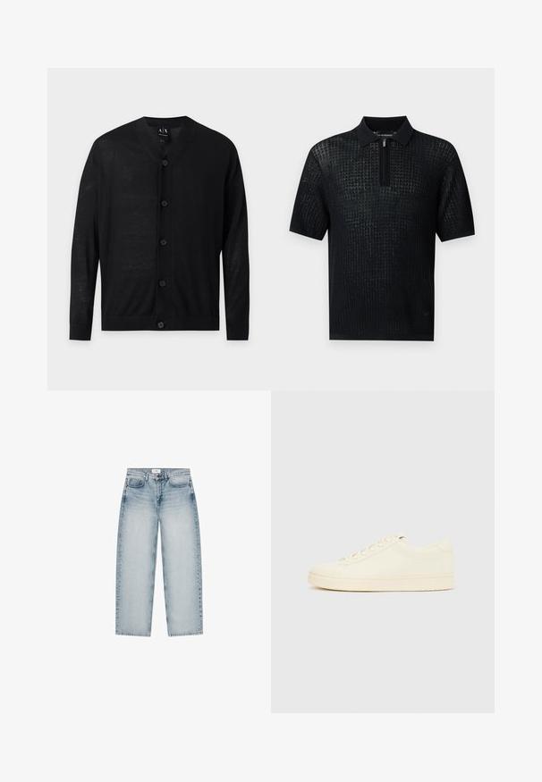 Gilet noir à manches longues avec col en V, cinq boutons à l'avant et poignets et ourlet côtelés, présenté sur un fond clair uni.; Polo en maille noire à manches courtes avec une texture côtelée, un col et une courte fermeture éclair à l'encolure.; Jean bleu clair à jambes larges avec poches avant, passants de ceinture et fermeture par bouton, posé à plat sur un fond blanc.; Baskets couleur crème avec une tige en cuir lisse, bout arrondi, laçage à l'avant et semelle en caoutchouc texturée. Design minimaliste, sans logo.