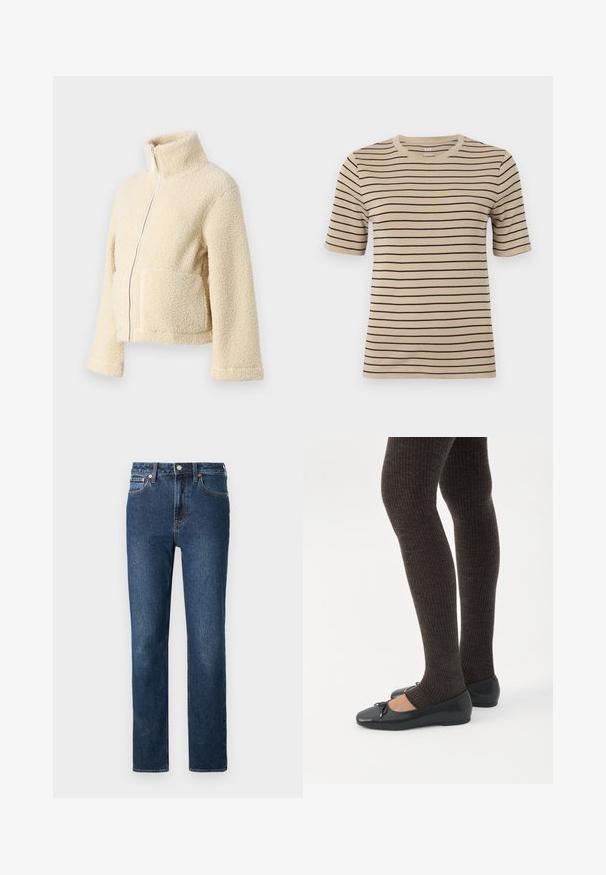 Veste en polaire crème avec un col haut, fermeture éclair frontale et deux poches à rabat. Présente une surface douce et texturée ainsi que des manches larges.; T-shirt beige à manches courtes avec des rayures horizontales noires. Présente un col rond et une texture douce et lisse.; Jean en denim bleu foncé avec une coupe droite, comportant une fermeture à boutons et à zip, et des coutures orange.; Jambes portant des leggings côtelés foncés associés à des ballerines noires avec de petits détails en nœud sur fond blanc.