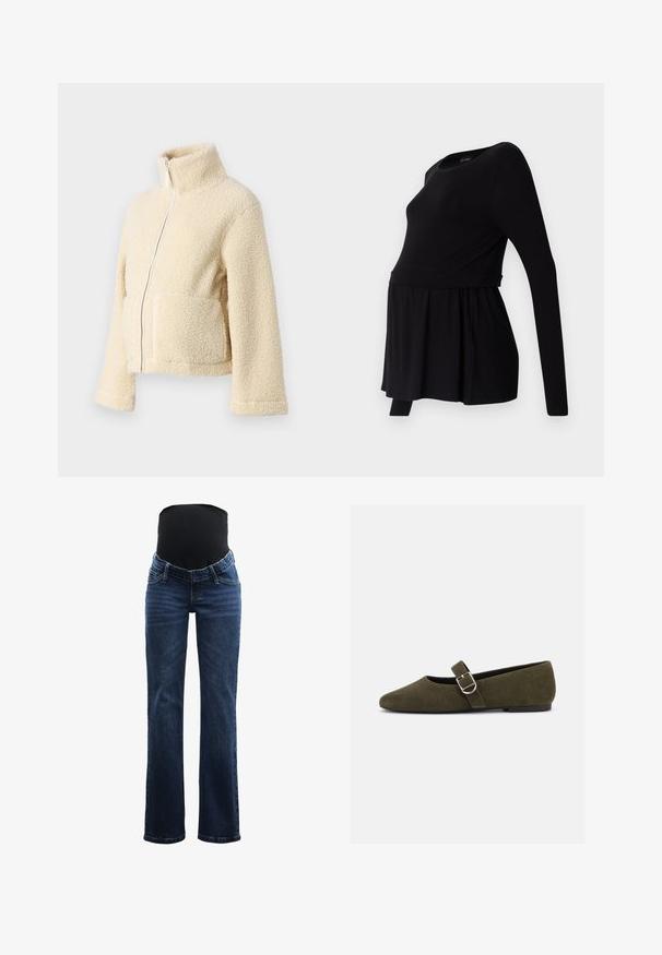 Veste en polaire crème avec un col haut, fermeture éclair frontale et deux poches à rabat. Présente une surface douce et texturée ainsi que des manches larges.; T-shirt de maternité noir à manches longues avec un col rond, coupe ample et taille froncée, fabriqué en tissu doux et extensible.; Jeans de maternité avec un panneau supérieur noir extensible, tissu en denim bleu, design à jambe droite, et style cinq poches avec passants de ceinture.; Chaussure plate Mary Jane en daim vert olive avec bride à boucle argentée et bout arrondi, présentée sur fond blanc.