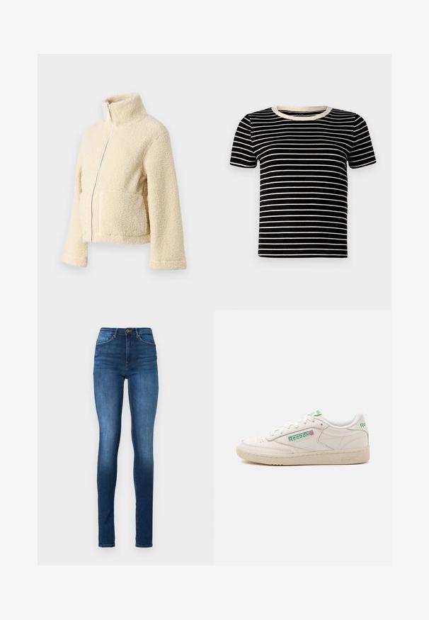 Veste en polaire crème avec un col haut, fermeture éclair frontale et deux poches à rabat. Présente une surface douce et texturée ainsi que des manches larges.; T-shirt à manches courtes noir et crème avec une texture côtelée et un col rond. Les rayures sont régulièrement espacées et horizontales.; Jeans skinny en denim bleu foncé. Conception taille haute avec cinq poches, fermeture à bouton et décoloration subtile le long des jambes.; Baskets basses blanches Reebok avec logo vert, lacets et semelle beige, vues de l'intérieur sur un fond uni.