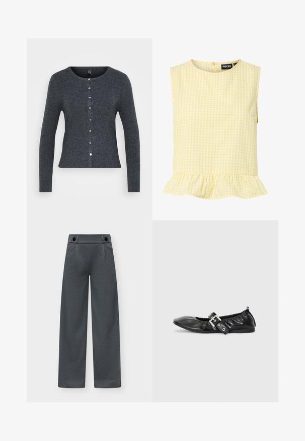 Cárdigan de punto en gris oscuro con cuello redondo, mangas largas y cierre de botones en la parte delantera. Presenta botones plateados y un diseño ajustado.; Blusa de cuadros vichy amarilla y blanca sin mangas, con cuello redondo, botón en la espalda, bajo con volantes y etiqueta PIECES en el interior del cuello.; Pantalones de pierna ancha color gris oscuro con cintura alta y dos botones negros en la pretina sobre un fondo claro.; Zapato plano de piel negra con puntera afilada, detalle fruncido alrededor de la abertura y un acento de hebilla plateada en la correa ajustable.