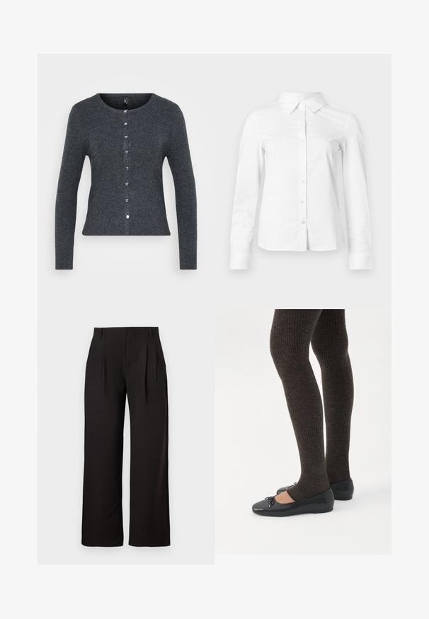 Cárdigan de punto en gris oscuro con cuello redondo, mangas largas y cierre de botones en la parte delantera. Presenta botones plateados y un diseño ajustado.; Camisa blanca de manga larga con botones, cuello puntiagudo, bajo recto y silueta ajustada, presentada sobre un fondo claro y liso.; Pantalones negros de talle alto y pierna recta con pliegues delanteros y trabillas para cinturón, exhibidos sobre un fondo blanco liso.; Piernas con leggings oscuros acanalados combinados con bailarinas negras que presentan pequeños detalles de lazo sobre un fondo blanco.
