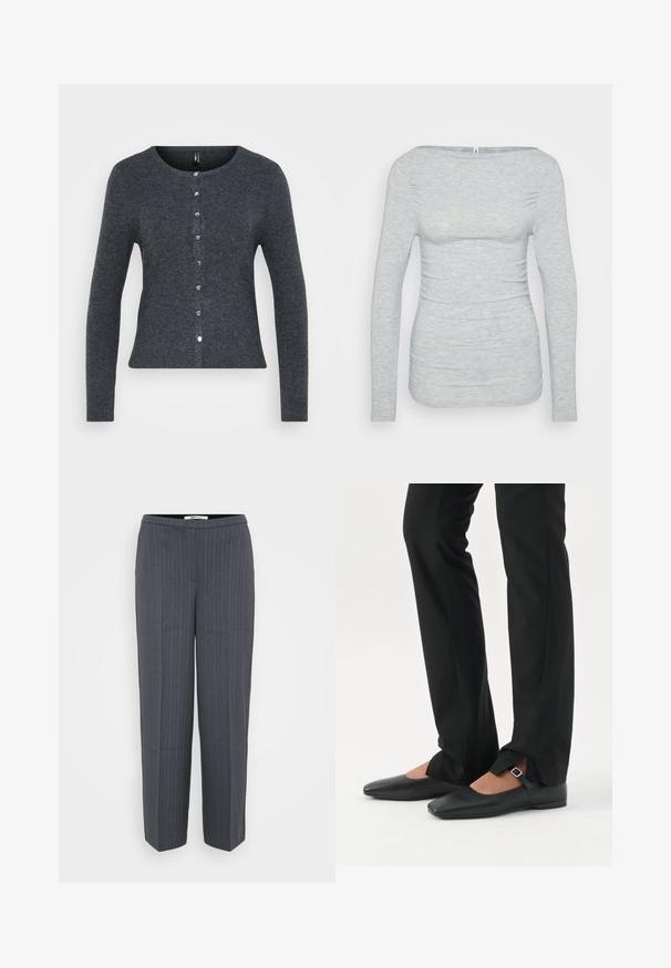 Cárdigan de punto en gris oscuro con cuello redondo, mangas largas y cierre de botones en la parte delantera. Presenta botones plateados y un diseño ajustado.; Top de manga larga gris claro hecho de una tela suave y texturizada. Presenta un escote barco y detalles fruncidos en los costados para una silueta ajustada.; Pantalones de sastre a rayas gris oscuro con piernas rectas y cintura alta, presentados sobre un fondo claro y liso.; Piernas con pantalones ajustados negros con aberturas frontales en el dobladillo, combinados con zapatos planos Mary Jane negros con una pequeña correa con hebilla.