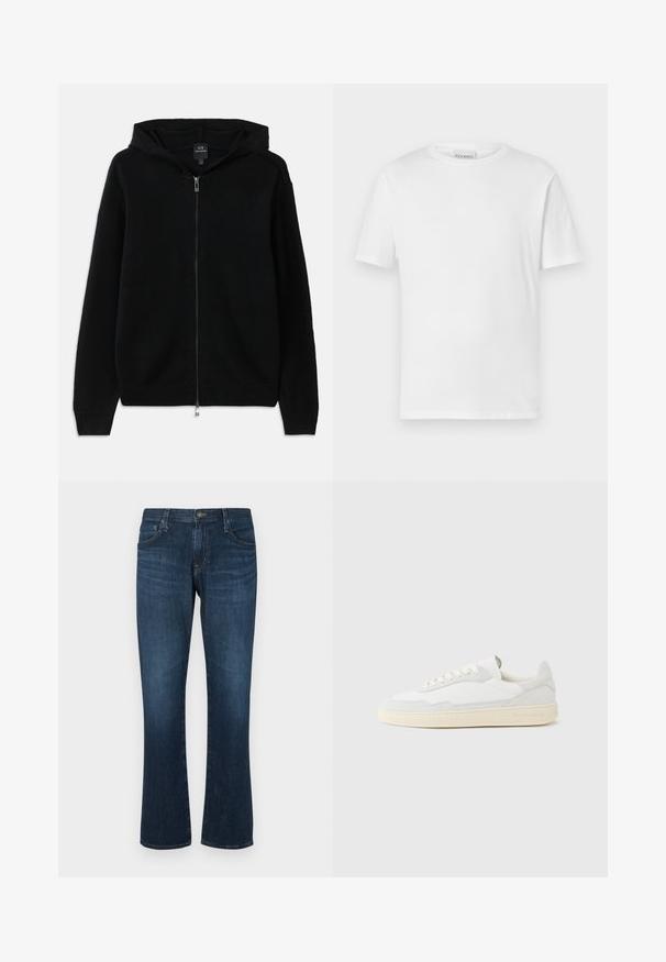 Sudadera negra con cremallera hecha de tejido de punto. Presenta una capucha, mangas largas y puños y dobladillo acanalados. Diseño minimalista sin patrones.; Camiseta blanca de manga corta hecha de algodón. Presenta un escote redondo y un dobladillo recto. Sin patrones ni adornos. Diseño simple.; Jeans de mezclilla azul oscuro con un diseño de pierna recta, cinco bolsillos y cierre de botón metálico. Textura suave con un ligero desvanecimiento.; Zapatilla blanca con parte superior texturizada de ante y cuero. Presenta una puntera redondeada, cierre con cordones y suela de goma beige contrastante.