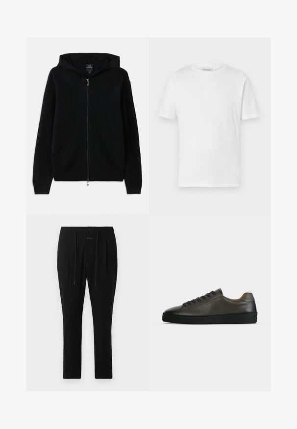 Schwarze Zip-Hoodie aus gestricktem Stoff. Verfügt über eine Kapuze, lange Ärmel und gerippte Bündchen sowie Saum. Minimalistisches Design ohne Muster.; Weißes T-Shirt mit kurzen Ärmeln aus Baumwolle. Hat einen runden Halsausschnitt und einen geraden Saum. Keine Muster oder Verzierungen. Einfaches Design.; CLOSED VIGO TAPERED - Chino - dark night; Niedriger dunkelgrauer Ledersneaker mit schwarzen Schnürsenkeln und Sohle, minimalistisches Design, Seitenprofil vor einem schlichten hellen Hintergrund.