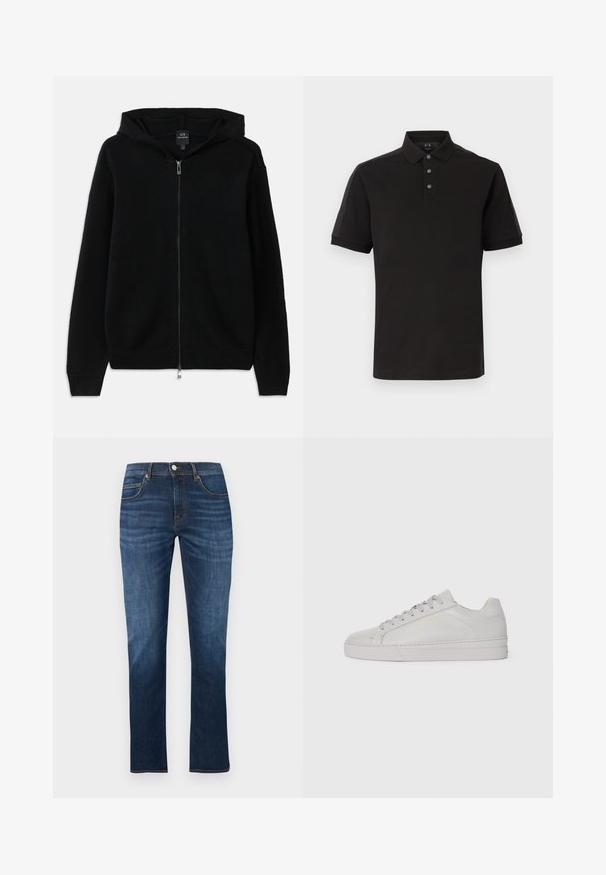 Čierna mikina na zips vyrobená z pleteného materiálu. Má kapucňu, dlhé rukávy a ribbované manžety a lem. Minimalistický dizajn bez vzorov.; Čierna polokošeľa s krátkym rukávom, tromi gombíkmi, klasickým golierom a jemným tón v tóne zdobením na ramenách a rukávoch.; Tmavomodré riflové nohavice s priamym strihom, vybavené zapínaním na gombík a zips, piatimi vreckami a kontrastným oranžovým prešitím.; Svetlo šedé kožené tenisky s hladkým povrchom, zaoblenou špičkou, plochou gumovou podrážkou a tonálnymi šnúrkami. Obsahujú minimálne brandovanie v zlate.