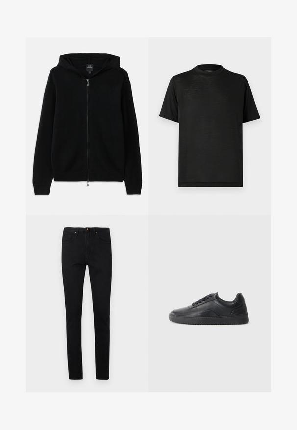 Sudadera negra con cremallera hecha de tejido de punto. Presenta una capucha, mangas largas y puños y dobladillo acanalados. Diseño minimalista sin patrones.; Camiseta negra de manga corta con cuello alto, con una textura suave y un brillo sutil, hecha de tela ligera. Sin logotipos visibles.; Jeans negros de corte ajustado fabricados en denim, con un diseño clásico de cinco bolsillos, herrajes en tono dorado y una textura suave y uniforme.; Zapatilla negra de cuero con un acabado suave, punta redondeada, panel lateral texturizado y cordones negros. Presenta una suela de goma plana y un diseño minimalista.