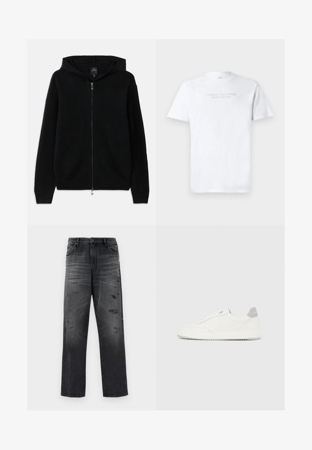 Čierna mikina na zips vyrobená z pleteného materiálu. Má kapucňu, dlhé rukávy a ribbované manžety a lem. Minimalistický dizajn bez vzorov.; Biela bavlnená tričko s okrúhlym výstrihom, krátkymi rukávmi a embosovaným logom "ARMANI EXCHANGE MILANO/NEW YORK" na prednej strane.; Čierne deninové nohavice s uvolneným strihom, s vyblednutým dizajnom a poškodenými záplaty. Štandardný strih s piatimi vreckami a zapínaním na gombík.; Biela nízka teniska so sivým pätovým pásikom, bielymi šnúrkami a členitou podrážkou, zobrazená na jednoduchom svetlom pozadí.
