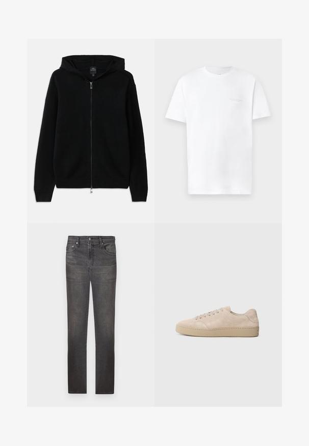 Sudadera negra con cremallera hecha de tejido de punto. Presenta una capucha, mangas largas y puños y dobladillo acanalados. Diseño minimalista sin patrones.; Camiseta de algodón blanca con mangas cortas, cuello redondo, con un sutil estampado de logo gris en la zona del pecho izquierdo y una textura suave.; Jeans de denim gris oscuro con un diseño de pierna recta, cinco bolsillos, cierre de botón metálico y un acabado ligeramente desgastado en la tela.; Zapatilla de ante beige con punta redondeada, cordones planos y suela de goma texturizada. Diseño minimalista con bordes suaves y costuras sutiles.