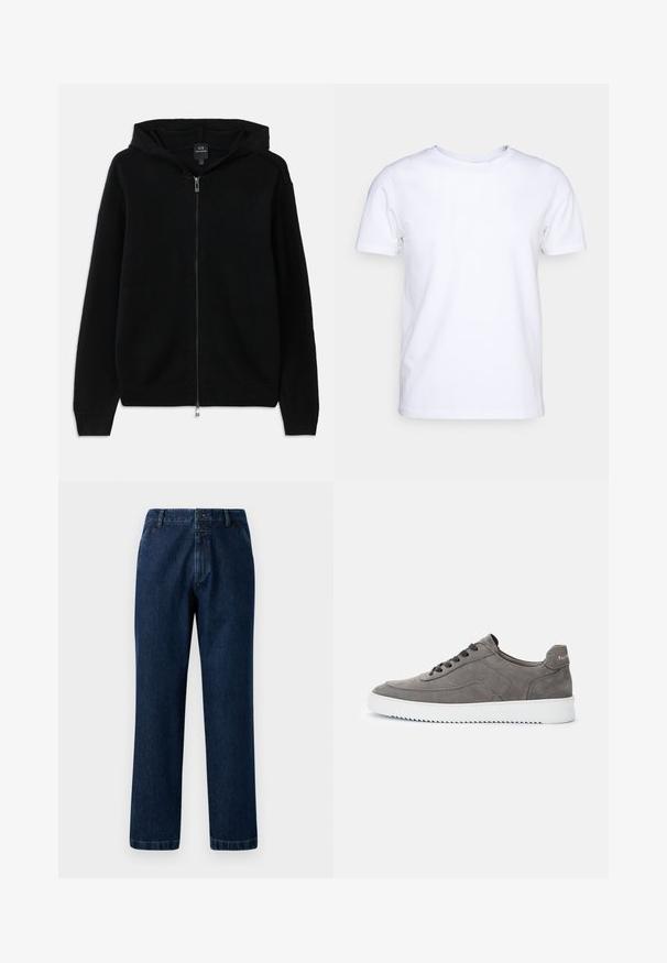 Čierna mikina na zips vyrobená z pleteného materiálu. Má kapucňu, dlhé rukávy a ribbované manžety a lem. Minimalistický dizajn bez vzorov.; Biela kratkosrstá bavlnená tričko s okrúhlym výstrihom. Jednoduchý dizajn bez vzorov alebo akcentov. Hladká textúra.; Tmavomodré džínsy s rovnými nohavicami, zapínaním na gombík a pútkami na opasok. Tkanina má jemnú textúru a klasické švy.; Sivá nízka semišová teniska s čiernymi šnúrkami a bielou gumovou podrážkou, bočný pohľad, zobrazuje názov značky na pätovej záložke.