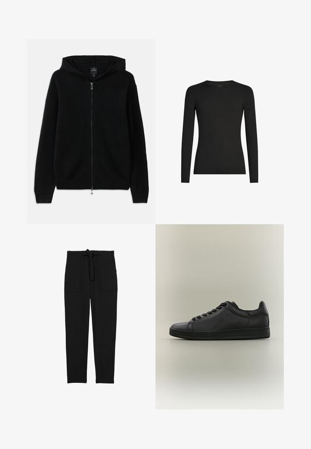 Sudadera negra con cremallera hecha de tejido de punto. Presenta una capucha, mangas largas y puños y dobladillo acanalados. Diseño minimalista sin patrones.; Camiseta negra de manga larga ajustada con cuello redondo y un sutil logo de Icebreaker en la manga izquierda, mostrada sobre un fondo blanco.; Reiss REGULAR FIT - SET BELTED TECHNICAL - Pantalones - black; Zapatilla negra de cuero de corte bajo con cordones, panel lateral texturizado y suela de goma plana, fotografiada sobre un fondo gris claro liso.