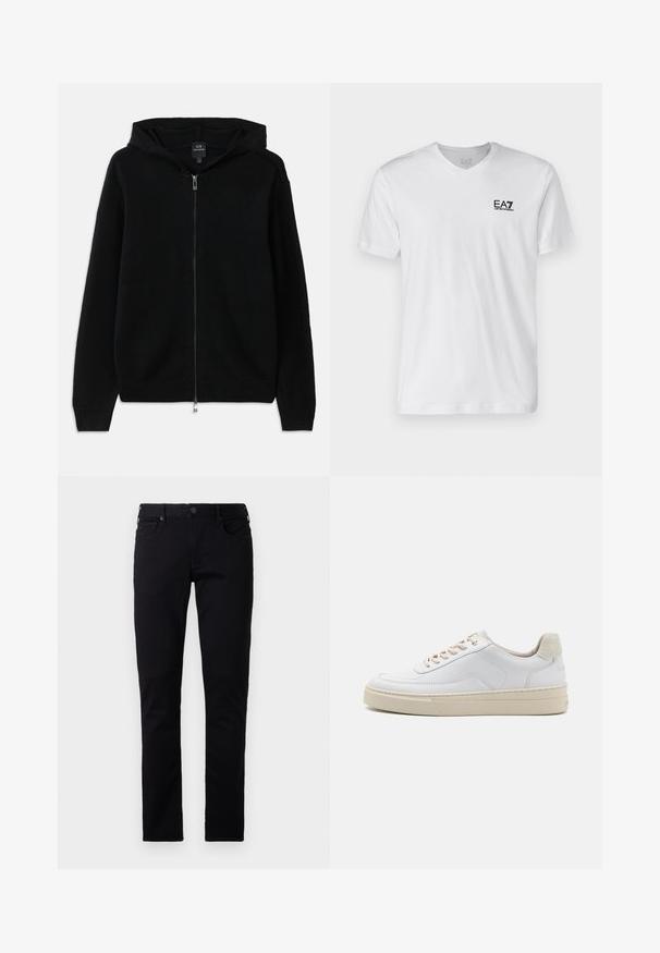 Čierna mikina na zips vyrobená z pleteného materiálu. Má kapucňu, dlhé rukávy a ribbované manžety a lem. Minimalistický dizajn bez vzorov.; Biely bavlnený tričko s výstrihom do V, krátkymi rukávmi, s čiernym logom EA7 na ľavej hrudi. Hladká textúra, jednoduchý dizajn.; Emporio Armani POCKETS PANT - Slimfit džínsy - black denim; Biele tenisky s hladkým koženým zvrškom, béžovými šnúrkami a textúrovaným béžovým semišovým pätovým panelom. Zvýšená podrážka pre väčšiu výšku.