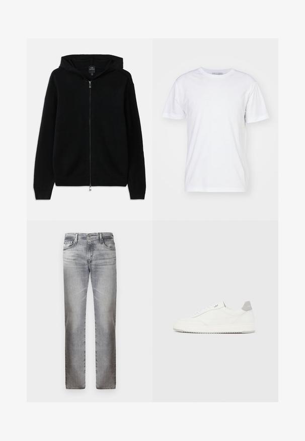 Čierna mikina na zips vyrobená z pleteného materiálu. Má kapucňu, dlhé rukávy a ribbované manžety a lem. Minimalistický dizajn bez vzorov.; Biely bavlnený tričko s okrúhlym výstrihom, krátkymi rukávmi a rovnom strihom. Bez vzorov a ozdôb, hladká textúra a jednoduchý dizajn.; Sivé denimové džínsy so zbruseným dizajnom, strih s rovnými nohavicami, päť vreciek a kovové zapínanie na páse. Mäkká textúra, bez výrazných vzorov.; Biela nízka teniska so sivým pätovým pásikom, bielymi šnúrkami a členitou podrážkou, zobrazená na jednoduchom svetlom pozadí.