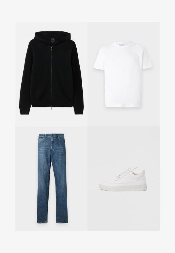 Sort zip-up hættetrøje lavet af strikket stof. Har en hætte, lange ærmer og ribbet manchetter og kant. Minimalistisk design uden mønstre.; Hvid bomulds T-shirt med rund hals og korte ærmer. Har et lille, præget logo på venstre bryst. Glat tekstur.; Mørkeblå denim jeans med lige ben, fem-lomme design, synlig syning og en klassisk knaplukning. Let vaskeeffekt på stoffet.; Hvid lædersneaker med rundet tå, flad sål og snørebånd foran. Har syningsdetaljer og polstret krave for komfort.