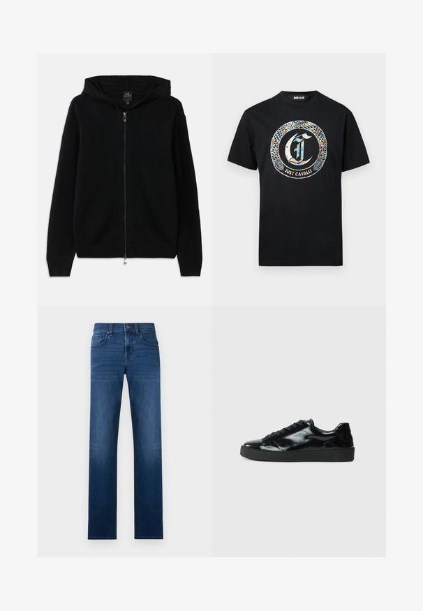 Sort zip-up hættetrøje lavet af strikket stof. Har en hætte, lange ærmer og ribbet manchetter og kant. Minimalistisk design uden mønstre.; Sort T-shirt med korte ærmer med en farverig slange, der danner en cirkel omkring et stiliseret "J" og teksten "Just Cavalli" nedenunder.; Mørkeblå denim jeans med lige ben, der har fem lommer, en frontknaplukning og subtile whiskering-detaljer.; Sorte laklæder sneakers med rund tå, snørredesign, tekstureret gummisål og en glat overflade.