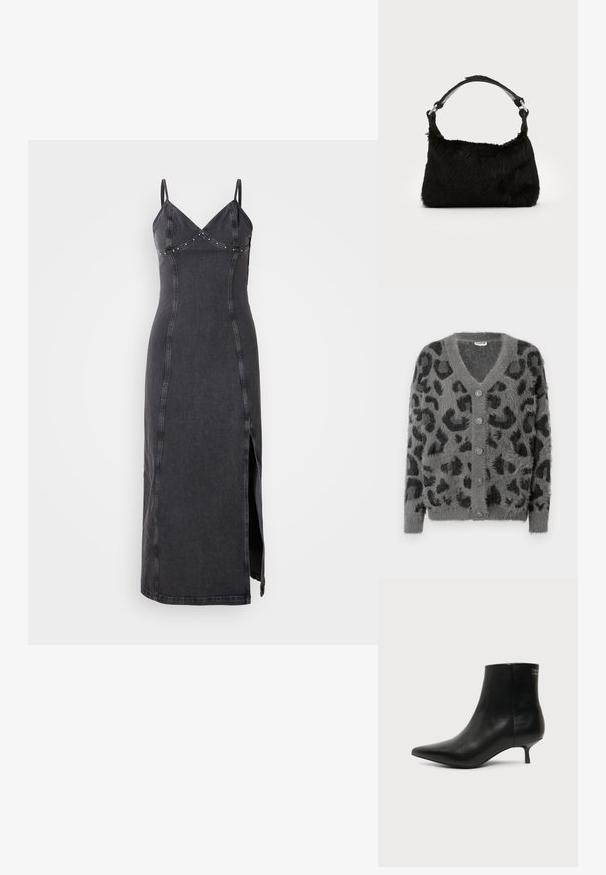 Grauer Cardigan mit Leopardenmuster, einer flauschigen Struktur, einem V-Ausschnitt und sechs grauen Knöpfen auf der Vorderseite. Lange Ärmel und eine lockere Passform.; Schwarzes Denim-Maxi-Kleid mit Spaghettiträgern, V-Ausschnitt und dekorativen Nieten entlang des Oberteils. Mit einem seitlichen Schlitz und taillierter Silhouette.; Schwarzer Leder-Knöchel-Stiefel mit spitzer Spitze und niedrigem Kittenabsatz vor hellem Hintergrund, seitliche Ansicht.; Schwarze Kunstfell-Handtasche mit weicher Textur, runder Form und einem stabilen schwarzen Leder-Schulterriemen. Sichtbare silberne Hardware-Akzente.