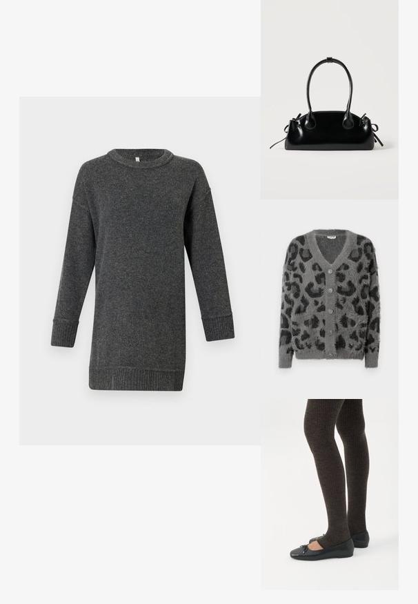 Cardigan de estampado de leopardo gris con una textura suave, escote en V y seis botones grises en la parte delantera. Con mangas largas y un corte relajado.; Suéter de lana de manga larga gris oscuro con puños y dobladillo acanalados, cuello en pico y un corte holgado.; Piernas con leggings oscuros acanalados combinados con bailarinas negras que presentan pequeños detalles de lazo sobre un fondo blanco.; Pequeño bolso negro brillante con dos asas largas y detalles de cordón lateral sobre un fondo claro liso.