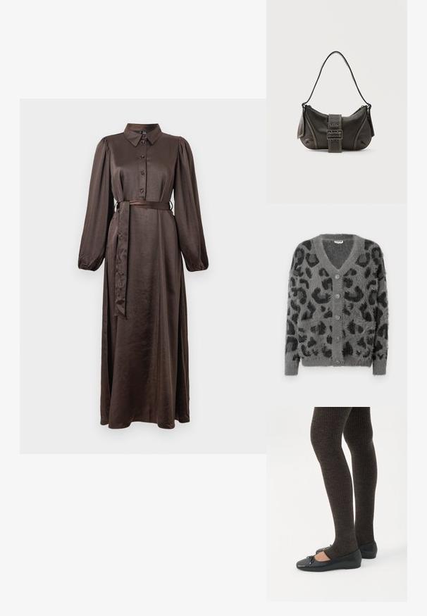 Cardigan de estampado de leopardo gris con una textura suave, escote en V y seis botones grises en la parte delantera. Con mangas largas y un corte relajado.; Vestido largo de satén marrón con cuello, cierre de botones en la parte delantera, mangas largas con volantes y un cinturón a juego en la cintura. Textura suave, larga hasta el suelo.; Piernas con leggings oscuros acanalados combinados con bailarinas negras que presentan pequeños detalles de lazo sobre un fondo blanco.; Bolso de hombro de cuero negro con detalle de correa con hebilla, bordes curvos y costuras blancas en contraste sobre un fondo liso.