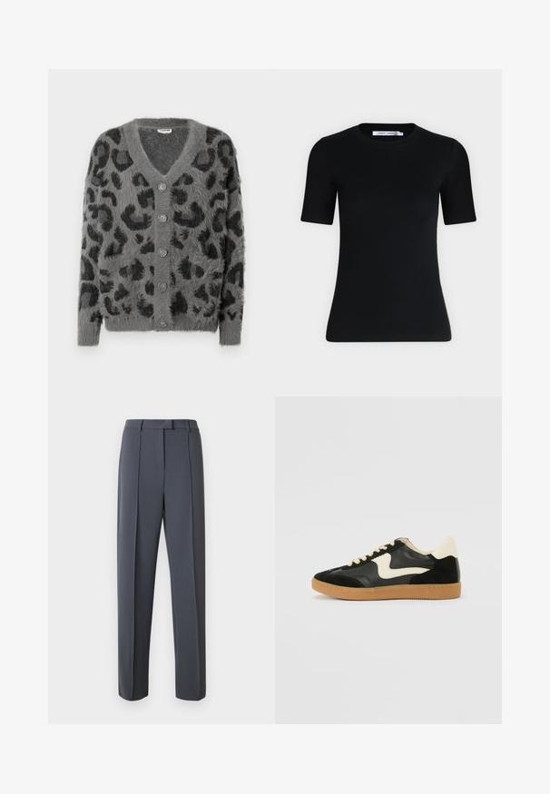 Grå leopardmønstret cardigan med en fuzzy tekstur, en V-halsudskæring og seks grå knapper langs fronten. Lange ærmer og en afslappet pasform.; Sort tætsiddende T-shirt med korte ærmer og rund halsudskæring, med et mærke indvendigt i kraven mod en ensartet lys baggrund.; Grå, skræddersyede bukser med et lige ben, for- og en glat tekstur. Taljebåndet har bæltestropper for justerbar pasform.; Sorte ruskinds- og lædersneakers med en cremefarvet side-swoosh og lys cremefarvet hæl. Har beige snørebånd og en gummirubber-sål.