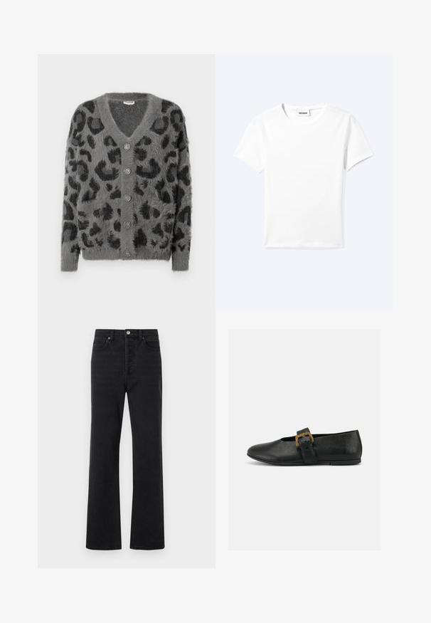 Grijze cardigan met luipaardprint, een fluffy textuur, en een V-halslijn. Zes grijze knopen aan de frontzijde. Lange mouwen en een relaxte pasvorm.; Effen wit T-shirt met korte mouwen en ronde hals met een klein "WEEKDAY" label aan de binnenkant van de hals, plat neergelegd op een lichte achtergrond.; Zwarte denim jeans met een uitlopende broekspijp, vijf zakken, een sluiting met een knop aan de voorkant en subtiele stikseldetails. Zachte textuur met minimale slijtage.; Zwarte leren platte schoen met brede band en grote gouden gesp op een effen witte achtergrond.