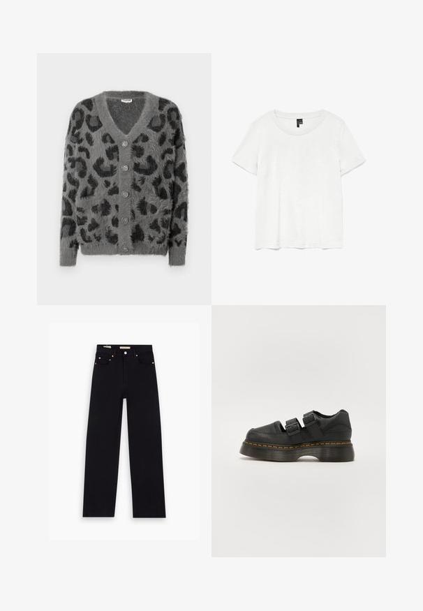 Cardigan de estampado de leopardo gris con una textura suave, escote en V y seis botones grises en la parte delantera. Con mangas largas y un corte relajado.; Camiseta blanca de manga corta con un cuello redondo, hecha de tejido ligero. Diseño simple, textura suave y dobladillo recto.; Jeans de mezclilla negros con corte recto, cinco bolsillos, herrajes de cobre y una textura suave. Dos etiquetas visibles en la cinturilla.; Zapato de cuero negro con dos correas ajustables de hebilla, suela texturizada elevada y costuras naranjas visibles a lo largo de la media suela.