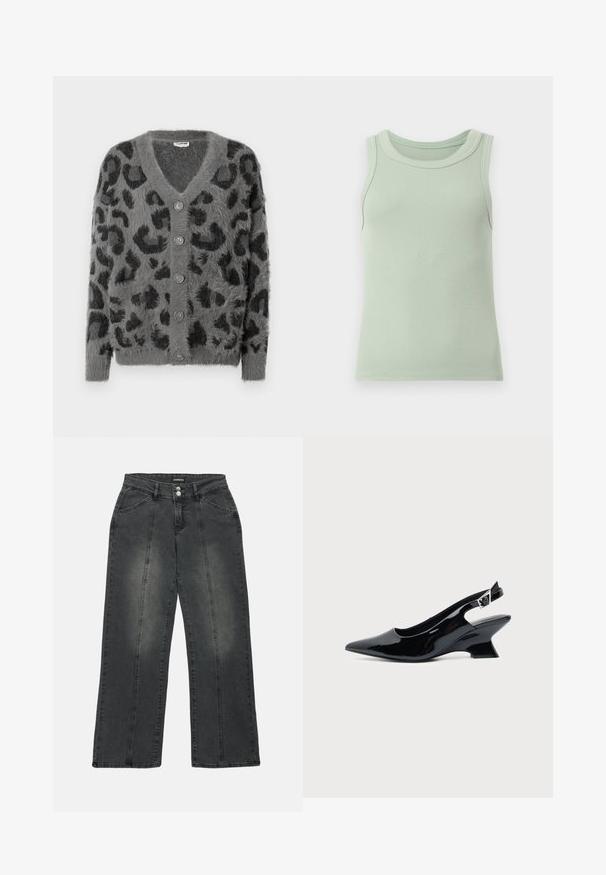 Cardigan de estampado de leopardo gris con una textura suave, escote en V y seis botones grises en la parte delantera. Con mangas largas y un corte relajado.; Camiseta sin mangas acanalada de color verde claro con cuello redondo, mostrada sobre un fondo blanco liso.; Jeans de pierna ancha en denim gris oscuro, con cintura alta, bolsillos frontales dobles, costuras centrales y un sutil desvanecimiento en la tela.; Zapato slingback de cuero charol negro con puntera puntiaguda y tacón bajo en bloque inclinado sobre fondo claro liso.