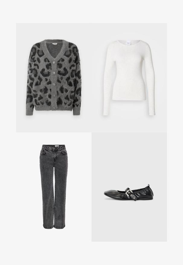 Grauer Cardigan mit Leopardenmuster, einer flauschigen Struktur, einem V-Ausschnitt und sechs grauen Knöpfen auf der Vorderseite. Lange Ärmel und eine lockere Passform.; Weißes Langarm-T-Shirt aus weichem, leichtem Stoff mit rundem Ausschnitt und schlanker Passform, das eine dezente Textur aufweist.; Schwarze Jeans aus Denim mit einem geraden Bein Design, inklusive Fronttaschen, Gürtelschlaufen und einer dezenten, ausgewaschenen Textur.; Schwarze Leder-Ballerinas mit spitzem Zehenbereich, gerafften Details am Schaft und einem silbernen Schnallenakzent am verstellbaren Riemen.