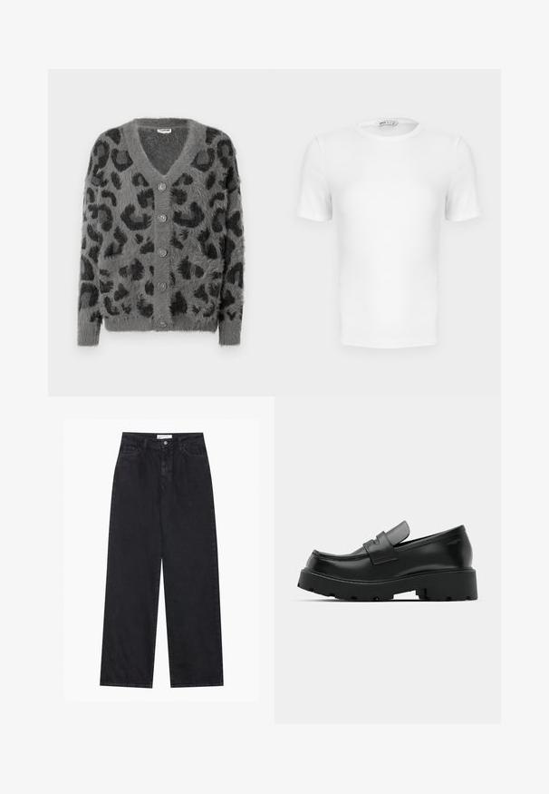 Cardigan à imprimé léopard gris avec une texture duveteuse, un décolleté en V et six boutons gris sur le devant. Manches longues et coupe décontractée.; T-shirt blanc à manches courtes, côtelé, col rond avec une coupe ajustée et une petite étiquette de marque à l'intérieur du col.; Jeans en denim noirs taille haute à jambes larges avec fermeture à bouton et zip à l'avant, passants de ceinture et style à cinq poches.; Mocassins en cuir noir avec une semelle épaisse et texturée, dotés d'une sangle sur le vamp et d'une finition lisse et polie.
