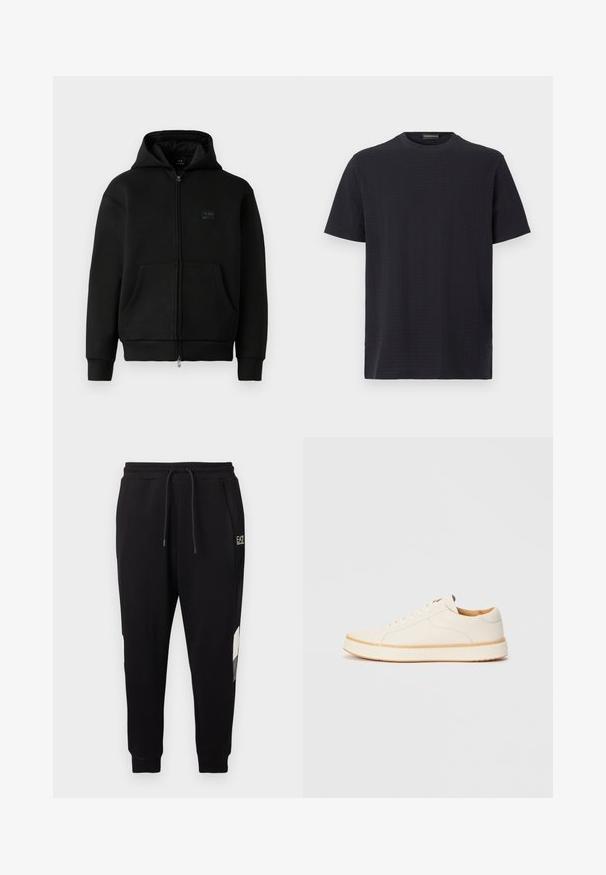 Black hoodie med lynlås, lavet af blødt materiale, har et logo-patch på forsiden, to frontlommer og ribbede manchetter og kant.; Sort t-shirt med rund hals og korte ærmer, lavet af tekstureret stof med et subtilt mønster, der giver en afslappet pasform og lige snit.; Sorte joggerbukser med elastisk talje og snøre, der har sidelommer, manschetter ved anklerne og lille hvidt logo på øverste lår.; Hvide lædersneakers med rund tå, enkel snørelukning, polstret indersål og en kontrasterende tan gummisål. Glat tekstur hele vejen igennem.