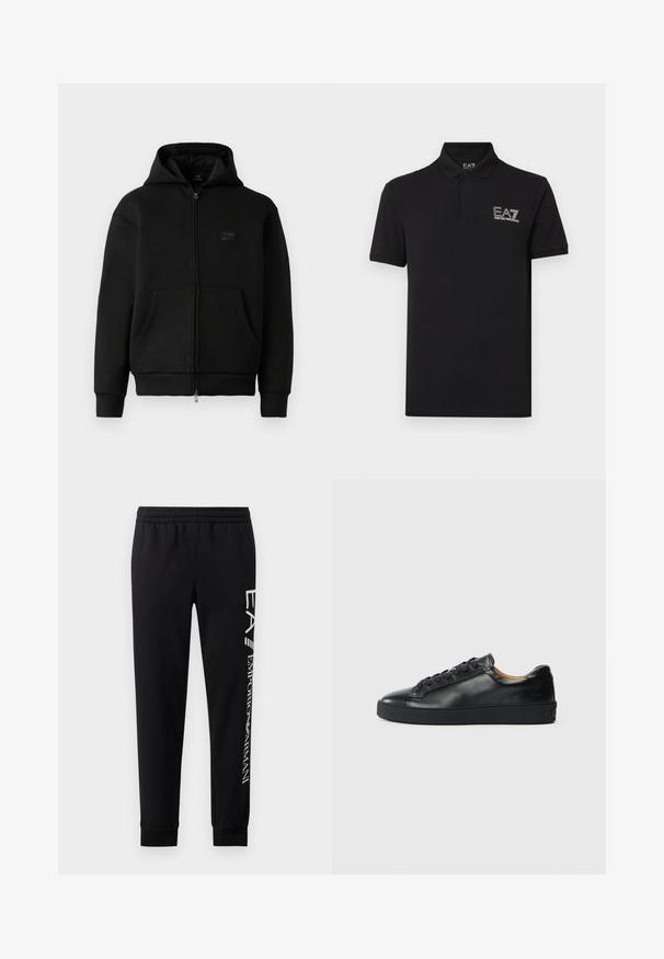 Black hoodie med lynlås, lavet af blødt materiale, har et logo-patch på forsiden, to frontlommer og ribbede manchetter og kant.; Sort poloshirt lavet af bomuld med krave og korte ærmer. Broderet EA7-logo på venstre bryst. Klassisk pasform.; Sorte sweatpants lavet af en bomuldsblanding, med elastisk talje, smalle ben, ribbede manchetter og hvidt logo print langs siden.; Sorte lædersneakers med en glat overflade, rund tå og snørebåndslukning. Har en tyk gummisål og minimal branddetalje.
