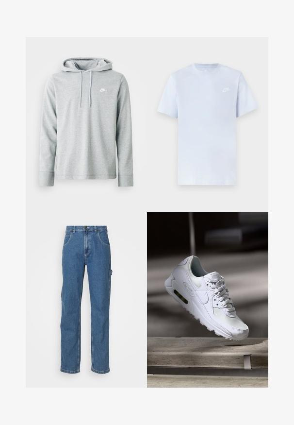 Sudadera gris claro de tejido suave, con mangas largas, un bolsillo tipo canguro en la parte frontal y un pequeño logo blanco en el pecho.; Camiseta de algodón de color azul claro con mangas cortas, cuello redondo y un logo blanco de Nike impreso en el pecho izquierdo. Textura suave, diseño sencillo.; Jeans de mezclilla azul claro con corte recto, cinco bolsillos y un ligero efecto de desgaste en la tela. Presenta un cierre de botón y cremallera.; Zapatilla Nike Air Max 90 blanca con parte superior de malla y cuero, caja de puntera perforada y unidad de aire visible en el talón.