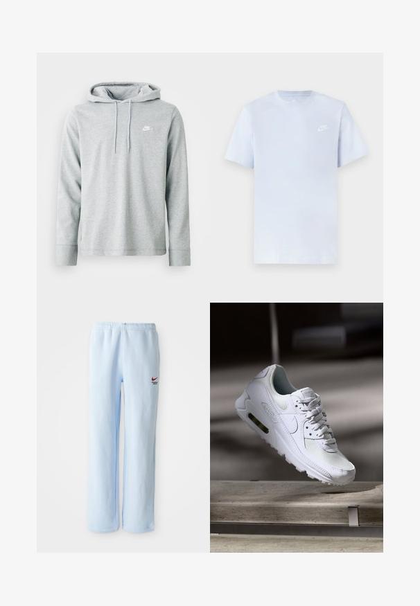 Lys grå hættetrøje lavet af blødt stof, med lange ærmer, en frontkangaroo-lomme og et lille hvidt logo på brystet.; Lyseblå bomulds t-shirt med korte ærmer, rund hals og et hvidt Nike-logo trykt på venstre bryst. Glat tekstur, simpelt design.; Lysblå joggebukser med elastisk talje, prydet med et lille rødt Nike-logo og teksten "Athletic Department". Blødt bomuldsstof.; Hvide Nike Air Max 90 sneakers med en overdel i mesh og læder, perforeret tåboks og en synlig luftenhed i hælen.