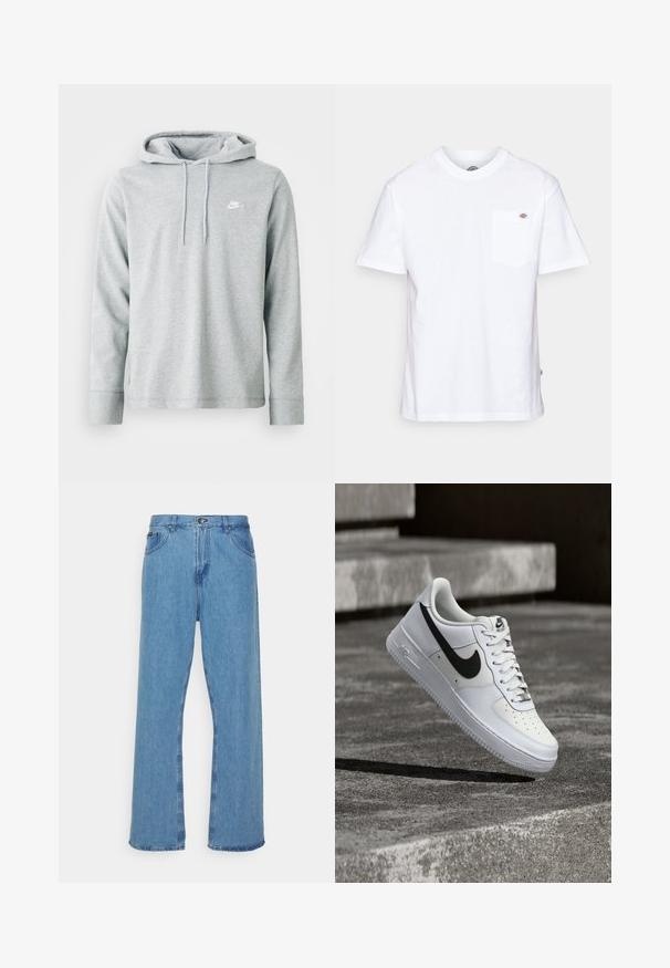 Lys grå hættetrøje lavet af blødt stof, med lange ærmer, en frontkangaroo-lomme og et lille hvidt logo på brystet.; Hvid bomulds t-shirt med rund halsudskæring, korte ærmer og en brystlomme med et lille mærke-logo på venstre side.; Lysblå denim bred ben jeans med høj talje, der har knap- og lynlåslukning, fem lommer og frynset kant.; Hvid Nike Air Force 1-sneaker med sort swoosh, snørebånd bundet, placeret i luften over tekstureret betonoverflade udendørs.