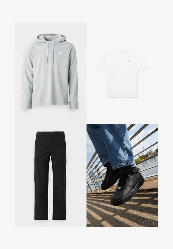 Hoodie gris clair en tissu doux, avec des manches longues, une poche kangourou à l'avant et un petit logo blanc sur la poitrine.; T-shirt en coton blanc avec col rond et manches courtes. Présente un petit logo noir sur la poitrine. Design épuré et minimaliste.; Jack & Jones JPSTKARL KURTIS SNAP TECH - Pantalon cargo - black; Baskets Nike Air Force 1 noires avec tige en cuir, languette en maille et semelle en caoutchouc, dotées d'un design montante et de lacets épais.