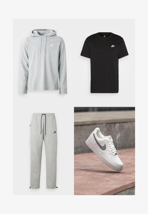 Heled hallist kangaroo taskuga pehme kangast kapuutsiga, pikkade varrukatega ja rinnal väikese valge logoga.; Must musta T-särk lühikeste varrukatega, ümmargune kaelus ja väike valge Nike logo vasakul rinnaosal. Sile tekstuur. Klassikaline lõige.; Hallid Nike spordipüksid, millel on nööriga vöökoht, küljetaskud ja elastsed mansetid. Omab siledat tekstuuri ja kontrastset musta logo detaili.; Valge Nike Air Force 1 toss hallika Nike logoga, hõljumas kivil pinnal ja halli kivitahvli taustal.