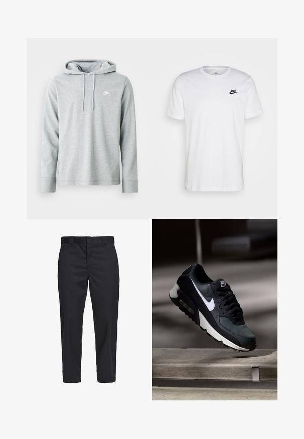 Lys grå hættetrøje lavet af blødt stof, med lange ærmer, en frontkangaroo-lomme og et lille hvidt logo på brystet.; Hvid bomulds T-shirt med rund hals, korte ærmer og et sort Nike-logo på venstre bryst. Enkel, ensfarvet design.; Sorte chinos lavet af letvægts bomuldsstof, med lige ben, sidelommer og en knaplukning i taljen.; Sort og grå Nike Air Max sneaker med hvid swoosh, ophængt over en betongulv mod en sløret mørk baggrund.
