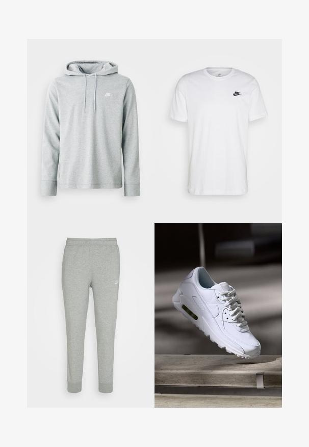 Lys grå hættetrøje lavet af blødt stof, med lange ærmer, en frontkangaroo-lomme og et lille hvidt logo på brystet.; Hvid bomulds T-shirt med rund hals, korte ærmer og et sort Nike-logo på venstre bryst. Enkel, ensfarvet design.; Grå sweatpants lavet af blødt stof, med tapered ben design, elastisk talje og lille hvid Nike-logo på venstre lår.; Hvide lædersneakers med teksturerede overflader, polstret krave og synlig luftpolstring i sålen. Har snørrebånd og et minimalistisk design.